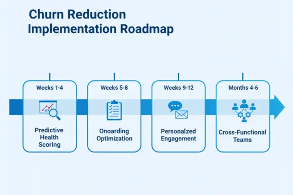 4-phase churn reduction implementation roadmap showing predictive scoring, onboarding optimization, personalized engagement and cross-functional teams