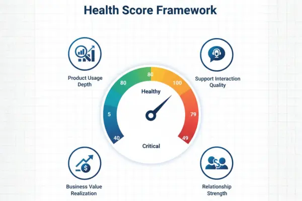 Customer health scoring framework with green, yellow and red zones showing healthy, at-risk and critical customer segments